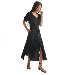 Marine Layer - Erin Shirt Dress Black Crinkle Cotton Midi Sz L